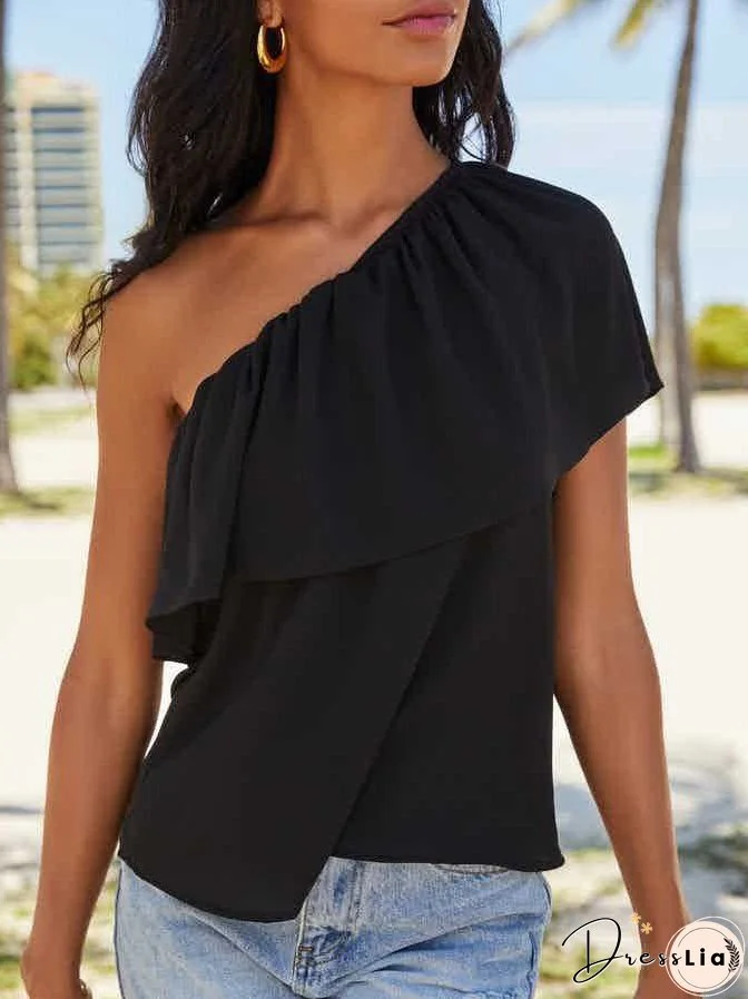 Women's T-Shirts Solid One Shoulder Ruffle T-Shirt