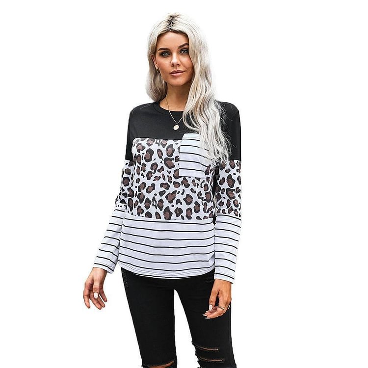 New Autumn Woman Tshirts Clothes Loose Striped Printing Long Sleeved Leopard print Tops Fashion Women's Fall Clothing 2020