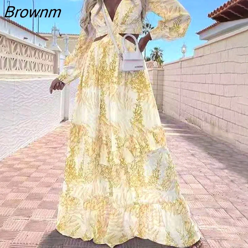 Brownm Beach Cover Up Summer Sexy V-Neck Backless Hollow Out Lantern Sleeve Maxi Dress Female Club Party Long Dress 21765