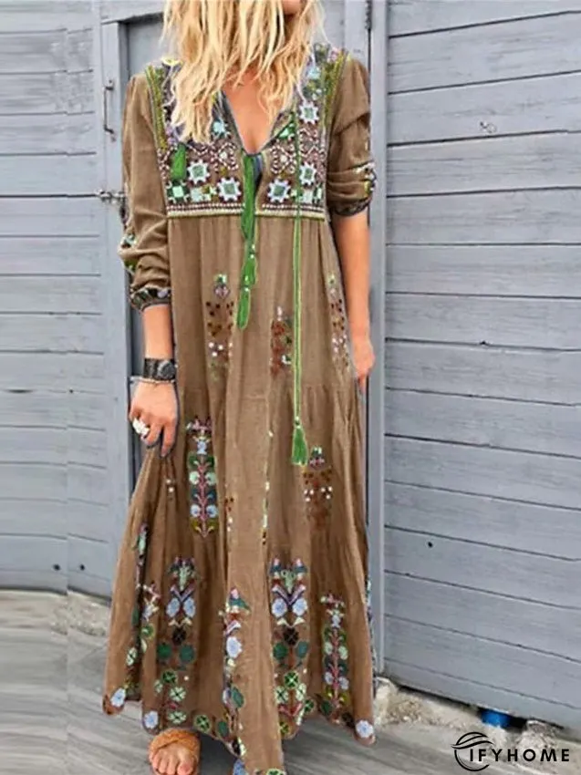 Bohemia Casual Dress Shift Boho Long Maxi Red Blue Brown Sleeve Floral Print Summer Fall | IFYHOME