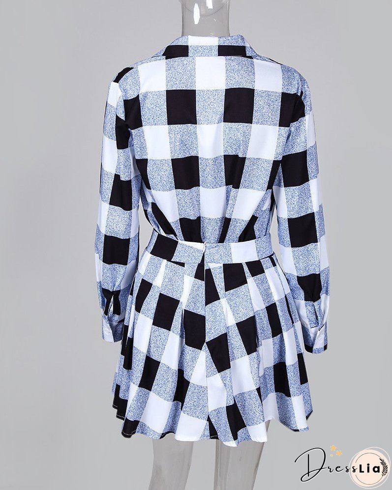 Plaid Colorblock Shirt & Tight Wasit Pleated Skirt Sets