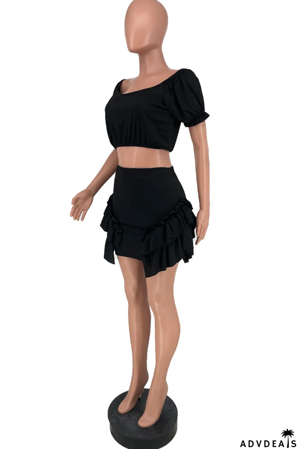 Black Sexy Patchwork Stringy Selvedge Off the Shoulder Short Sleeve Two Pieces