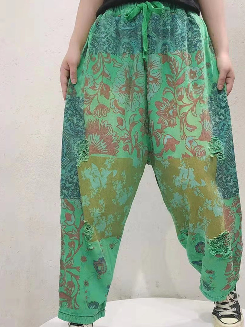 Women's Floral Printed Casual Wide Leg Ripped Denim Cropped Pants
