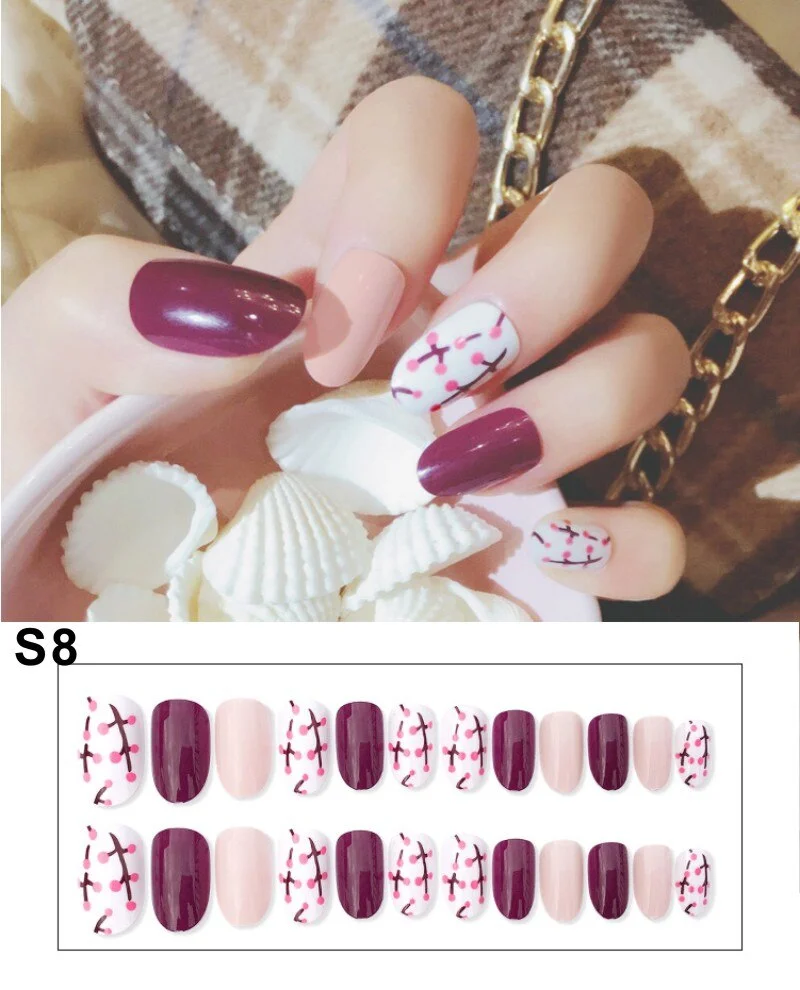 24pcs/Set Fashion Black Red Rivet False Nails Strip Rivet Design Coffin Finished Full Cover Artificial Fake Nails Manicure Tools-Nail Inspo