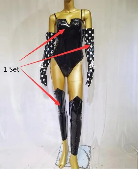 Bar Lead Dance Team Gogo Costume Black Patent Leather Bodysuit Dot Gloves Leg Cover Outfits DJ Singer Show Rave Stage Wear