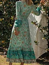 Floral-Print Long Sleeve Belted Bohemia Maxi Dress