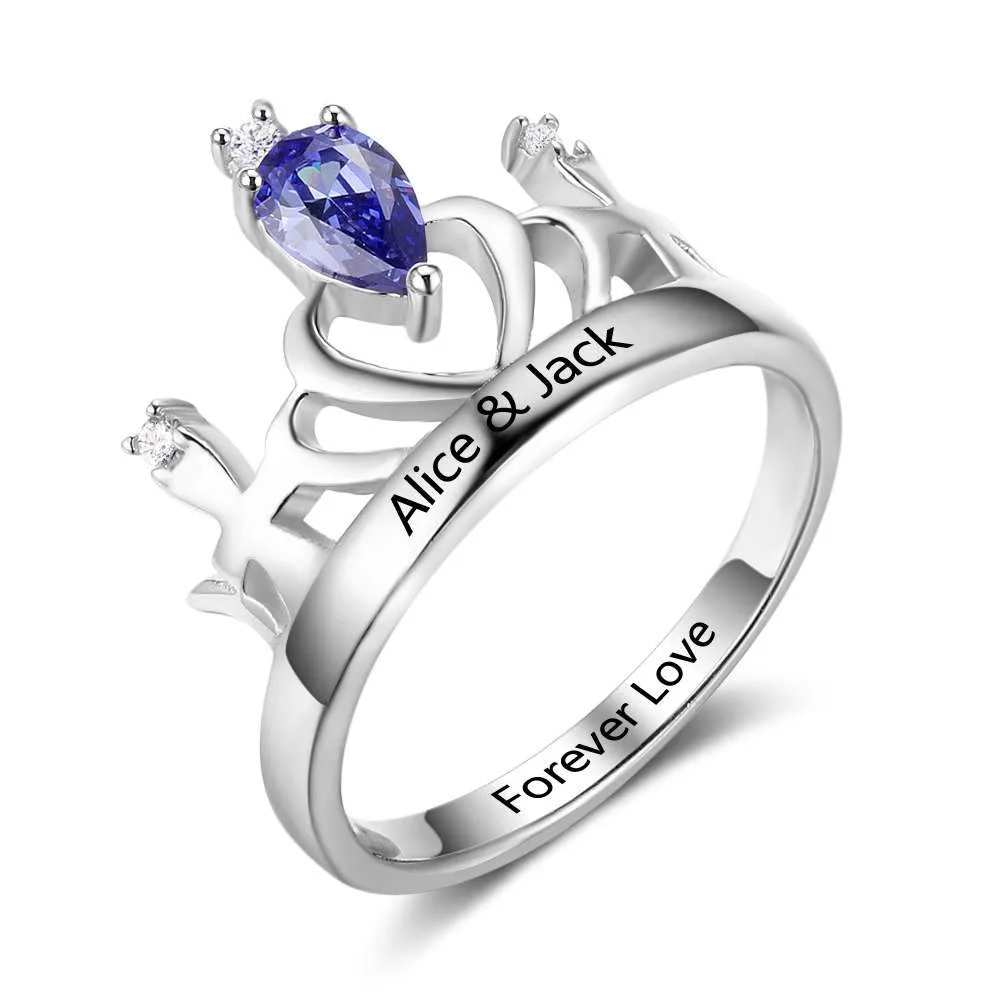 S925 Sterling Silver Krone Ring, graviert mit 1 Geburtsstein, graviert mit 2 Phrasen Kettenmachen
