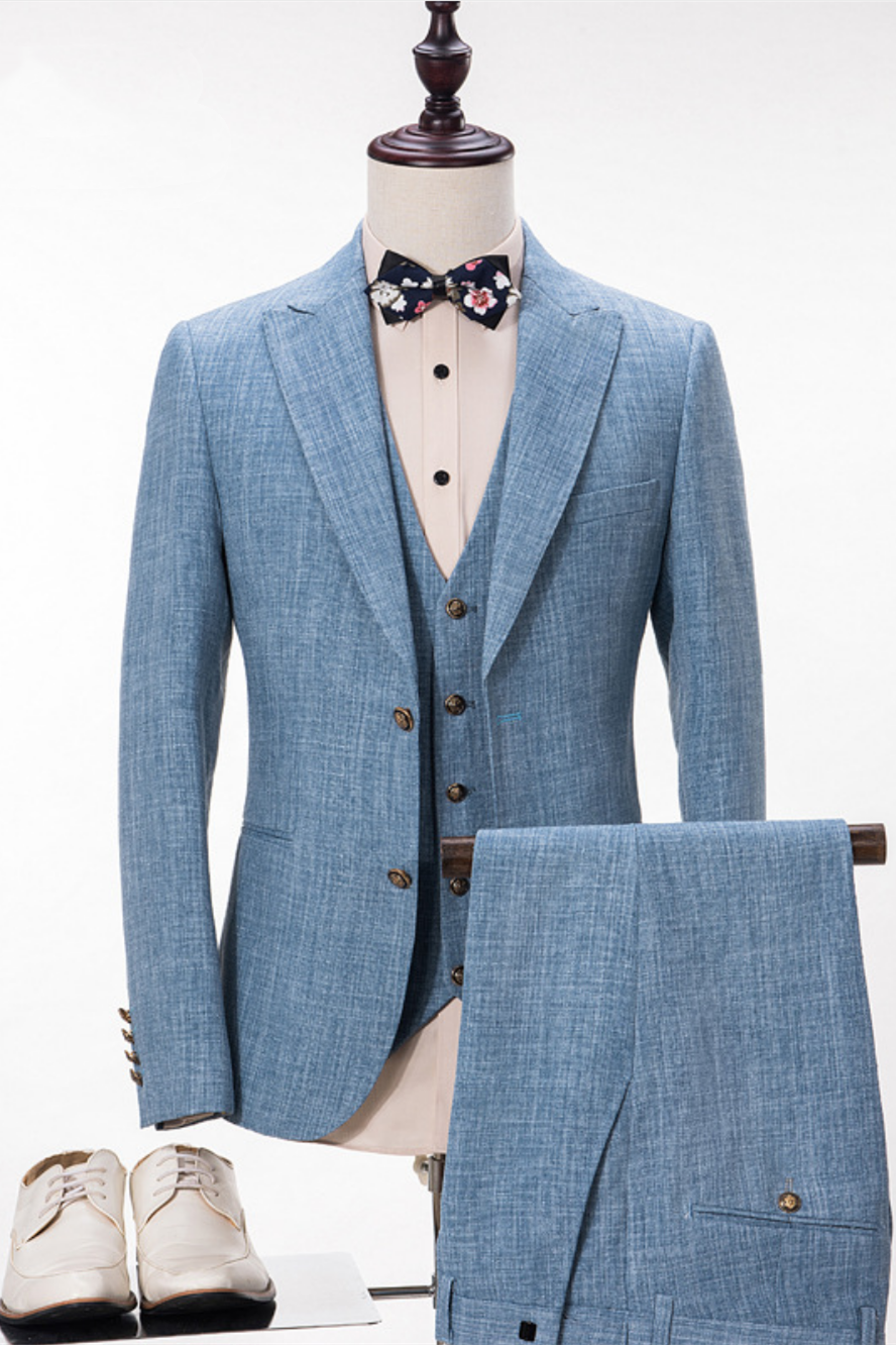 Bellasprom Blue Linen Suit For Wedding Peak Lapel Summer Groom and Groomsmen Suits Bellasprom