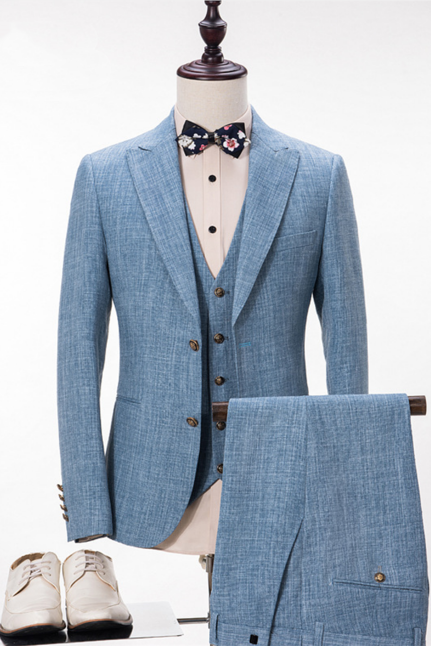 Blue Linen Suit For Wedding Prom Peak Lapel Summer Groom and Groomsmen Suits