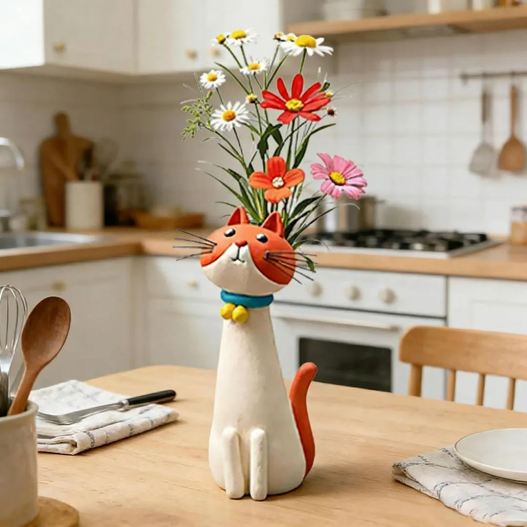 Handcrafted Quirky Cat Vase Modern Whimsical Resin Cat Flower Vase Creative Ornament for Living Room Office Study Home Decoration