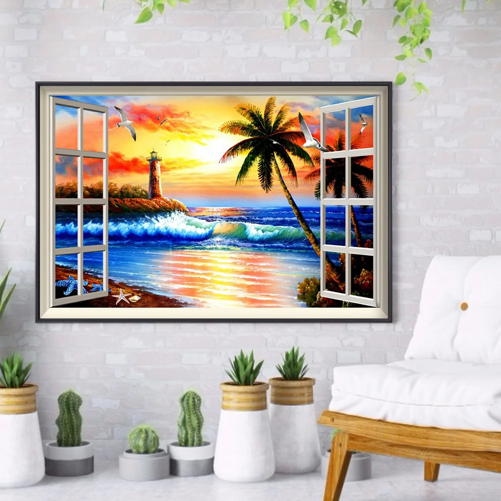 Diamond Painting - Full Round Drill - Sunset Window Beach(40*30cm)