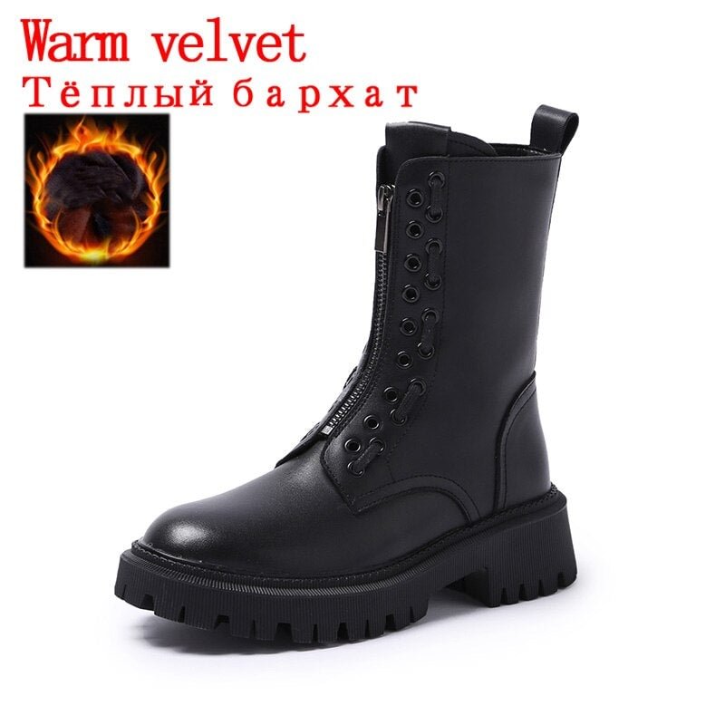 CXJYWMJL Women Autumn Martin Boots Genuine Leather Thick Bottom Fashion Motorcycle Boots Ladies Casual Front Zipper Winter Shoes