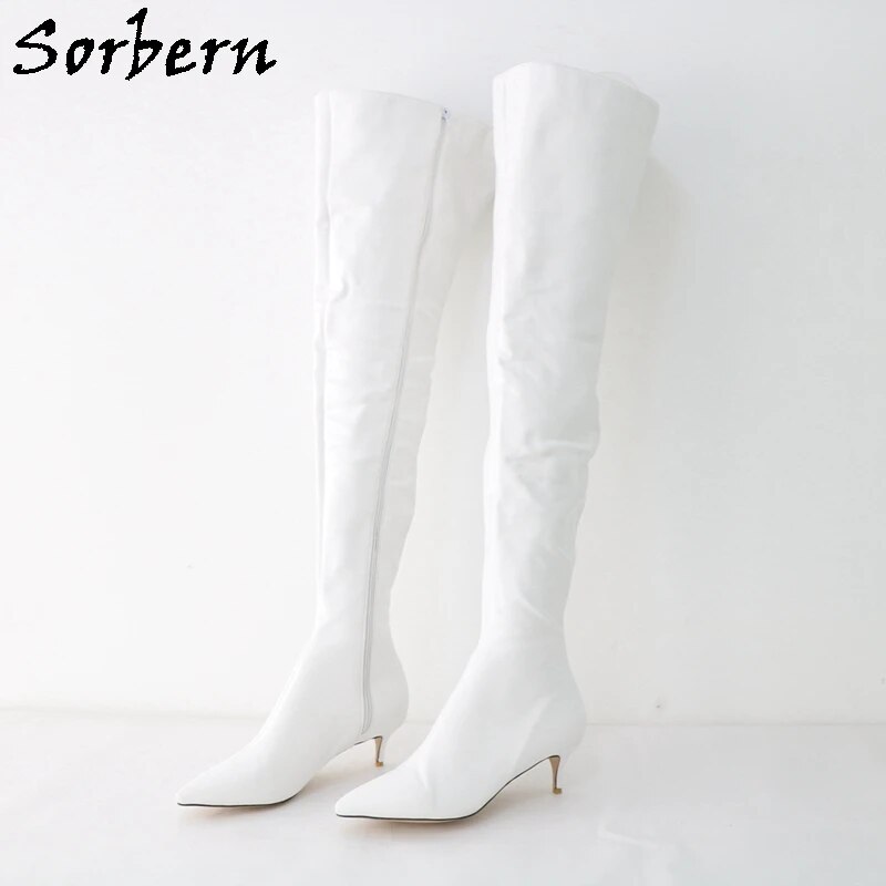 VCSHOES White Matt Mid Thigh High Boots Women Kitten Heeled Shaft Length Leg Width Long Boot Shoes For Drag Queen