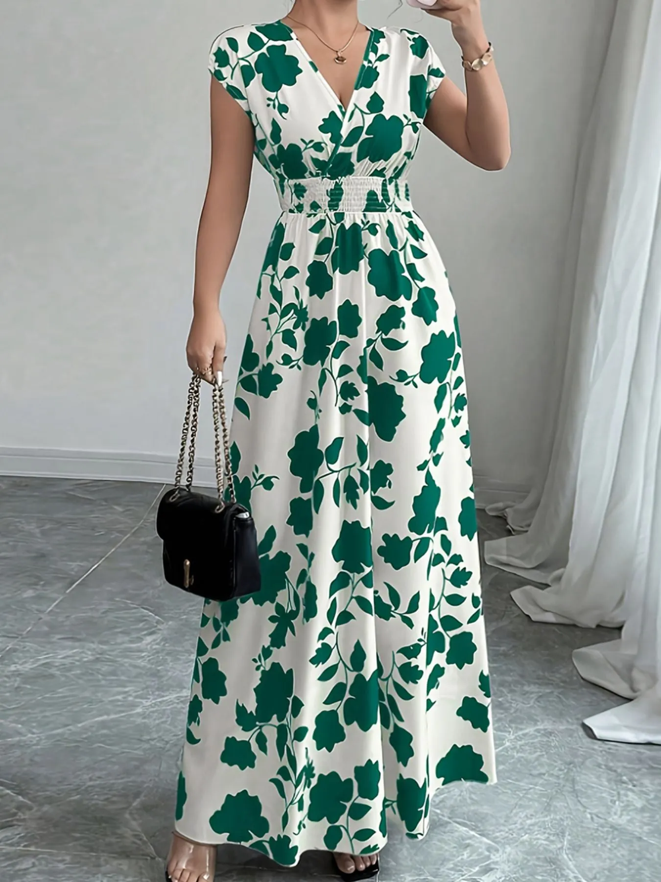 Printed Surplice Cap Sleeve Maxi Dress mysite idetrend