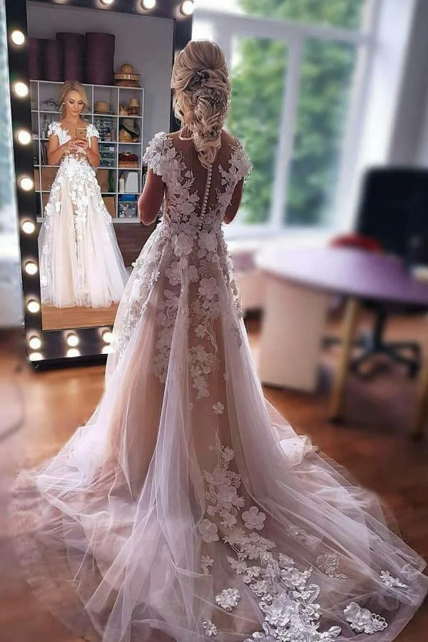 Glamorous A-line Floor length Sleeveless Long Wedding Dress With Lace Tulle| Ballbellas Ballbellas