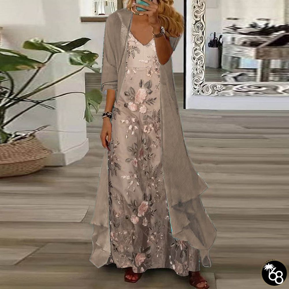 Coffee Floral Print Maxi Dress With Thin Jacket Two Piece Outfits | 168DEAL