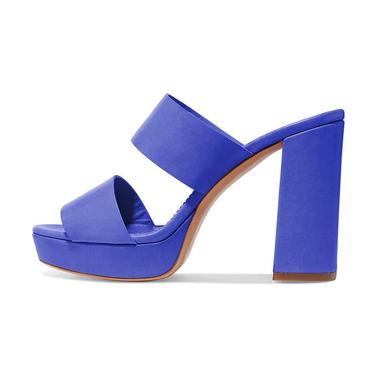 Blue Open Toe Chunky Heels Platform Mules for Office Lady |FSJ Shoes