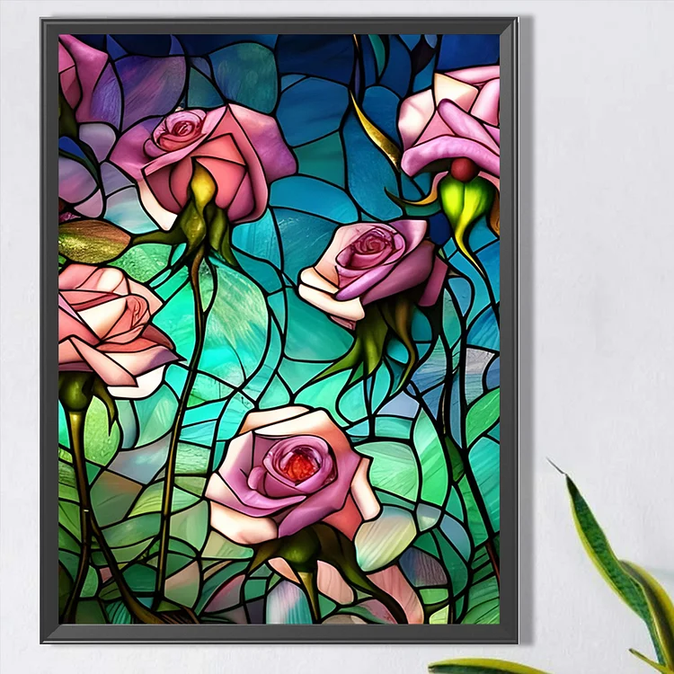 Stained Glass Pink Flowers (canvas) full round or square drill diamond  painting