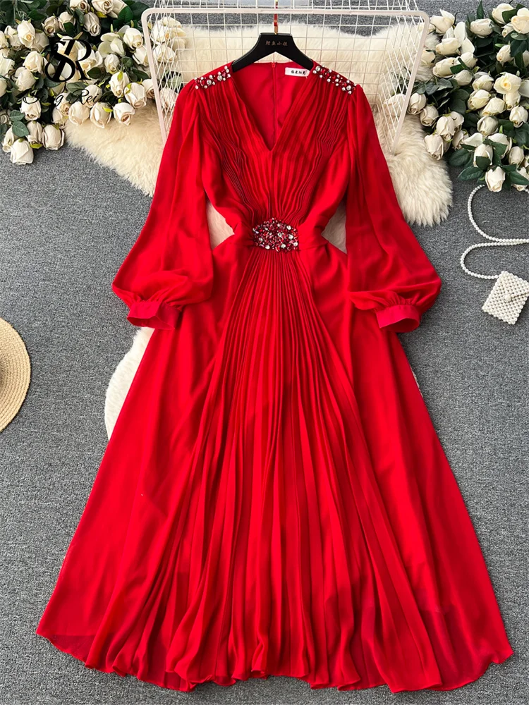 Huibahe Vintage Senior Pleated Dress V Neck Lantern Sleeve Zipper Bow Diamonds High Quality Lady France Elegant A Line Dress