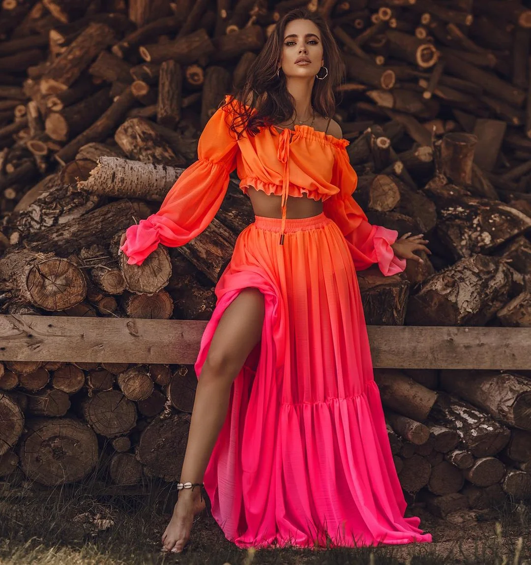 Women Mesh Sheer Bikini Cover-ups Set See-through Long Sleeve Crop Tops and Cover Up Skirts Two Piece Swimwear Beach Dresses