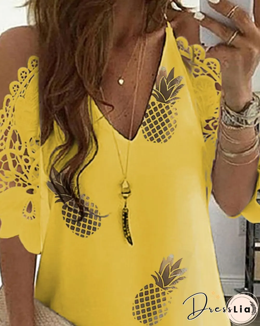 Pineapple Print Cold Shoulder Crochet Lace Dress