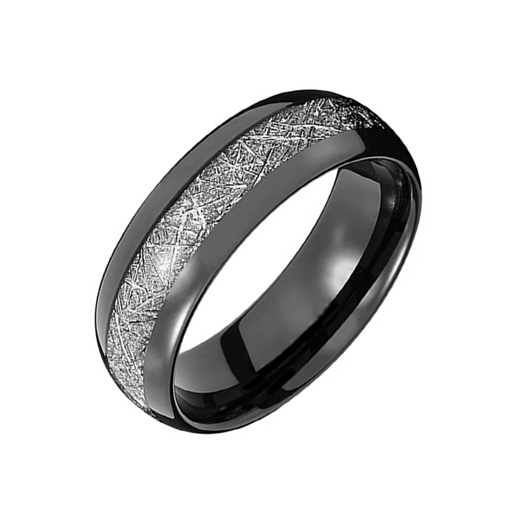 6MM 8MM Men Silver Meteorite Inlay Black Tungsten Carbide Engagement Wedding Bands