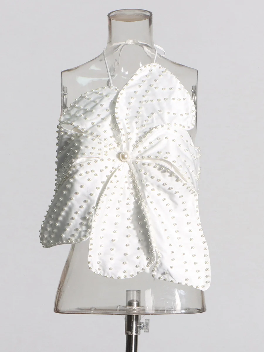 Woherb Woherb Hot Girl Designer Autumn 2024 New Hanging Neck Three-Dimensional Flower Nail Bead Pearl Wipe Chest Top-Outfit Ideas