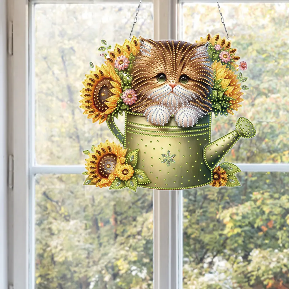 2D Flat DIY Diamond Art Pendant Window Hanging Art for Home Decor (Kettle Cat)