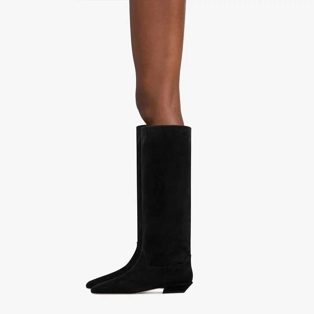 Vegan Suede Pointed Toe Flat Black Knee-High Boots for Women