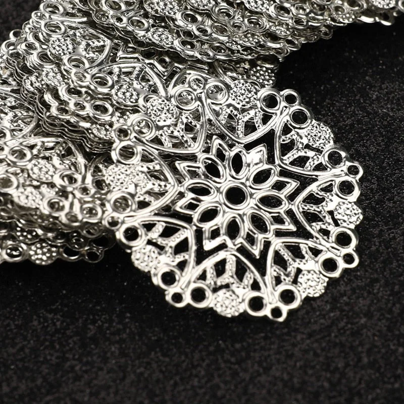 50 Pcs Hollow Out Filigree Flower Wraps Connectors Iron Alloy Bronze Charm Findings For DIY Jewelry Making Components 3.6CM