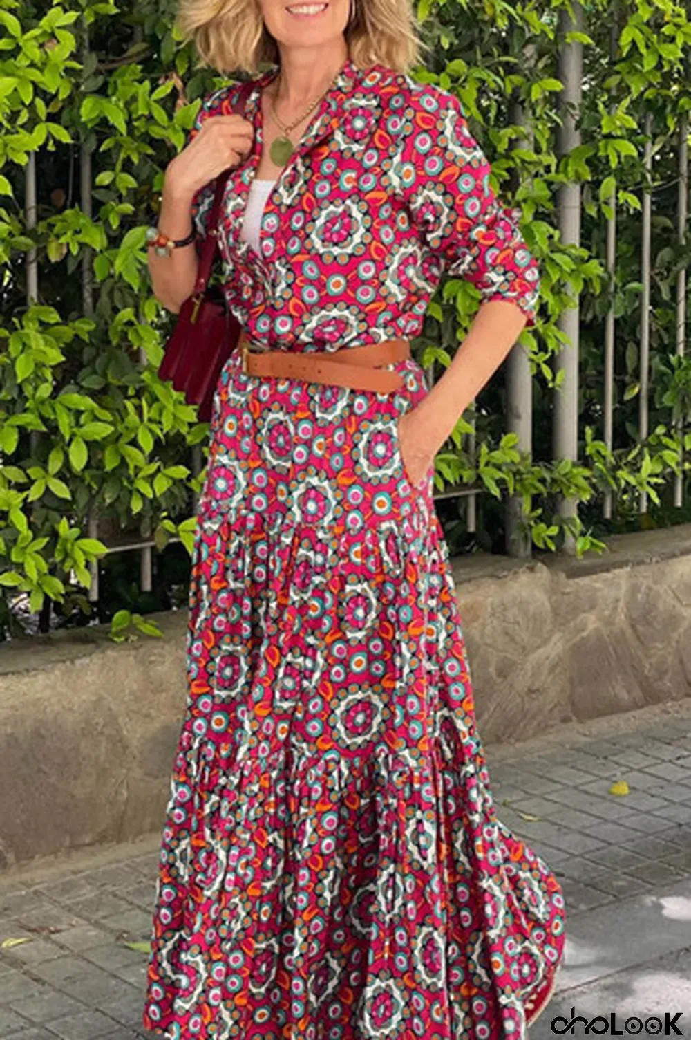 Floral Print Long Sleeve Shirt Bodice Flared Maxi Dress