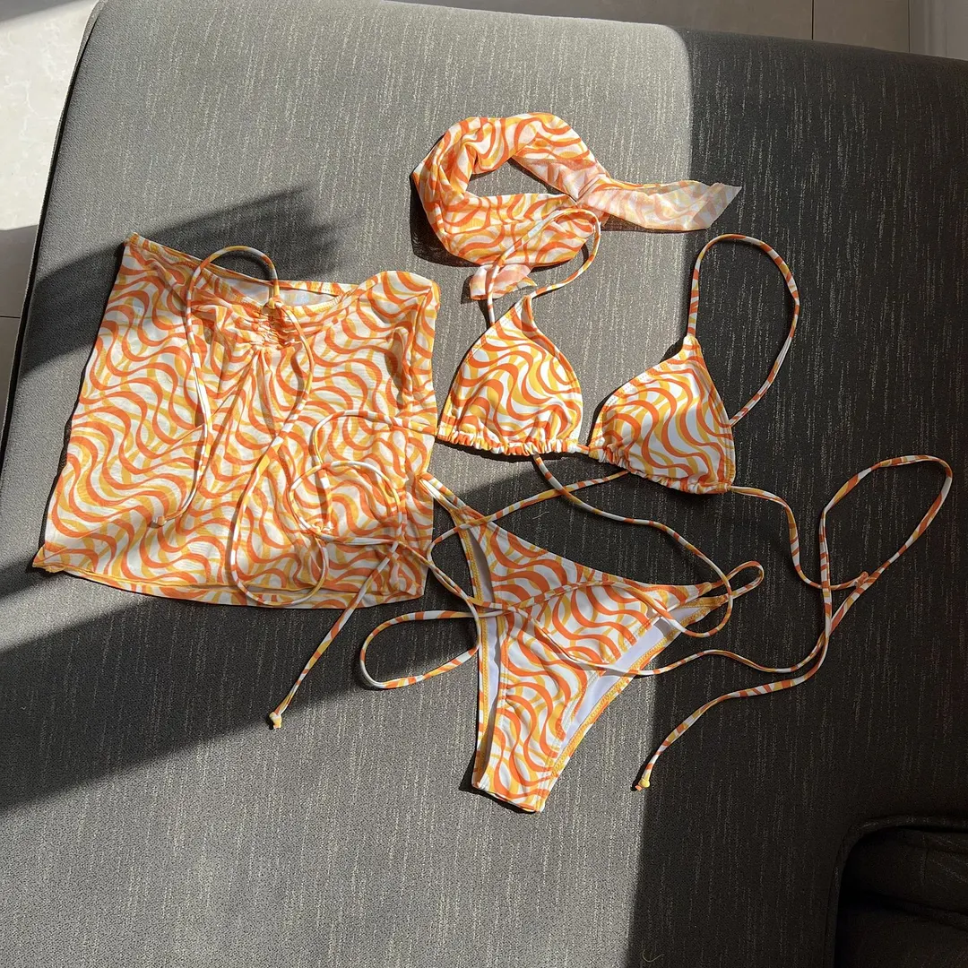 Churchf 2023 New Drawstring Strap Sexy Three-Piece Swimsuit Bikini Lead Yarn
