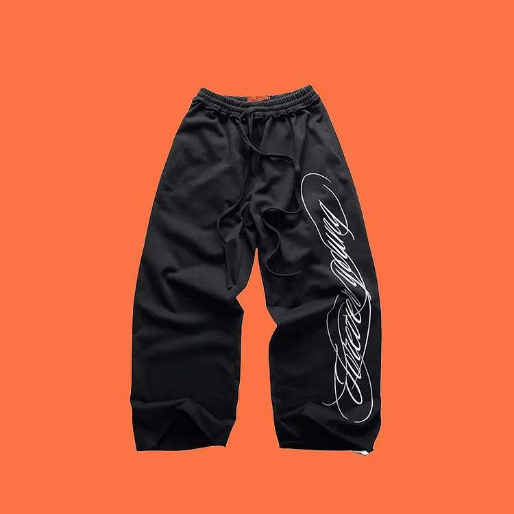 Loose PantsY2K Letter Print Graffiti Design American Retro Drawstring Elastic Waist Sports Men Women Street Dance Casual Pants
