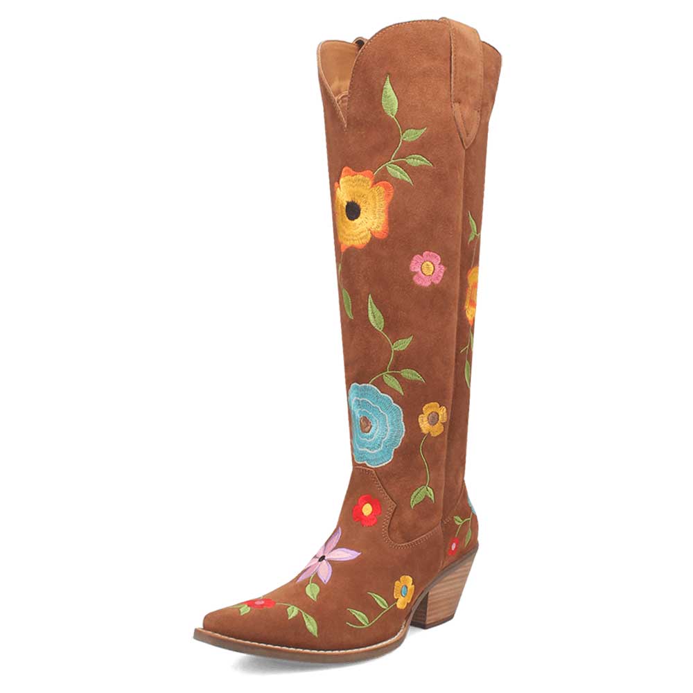 Brown Snip Toe Flower Embroidered Over the Knee Cowgirl Boots Nicepairs