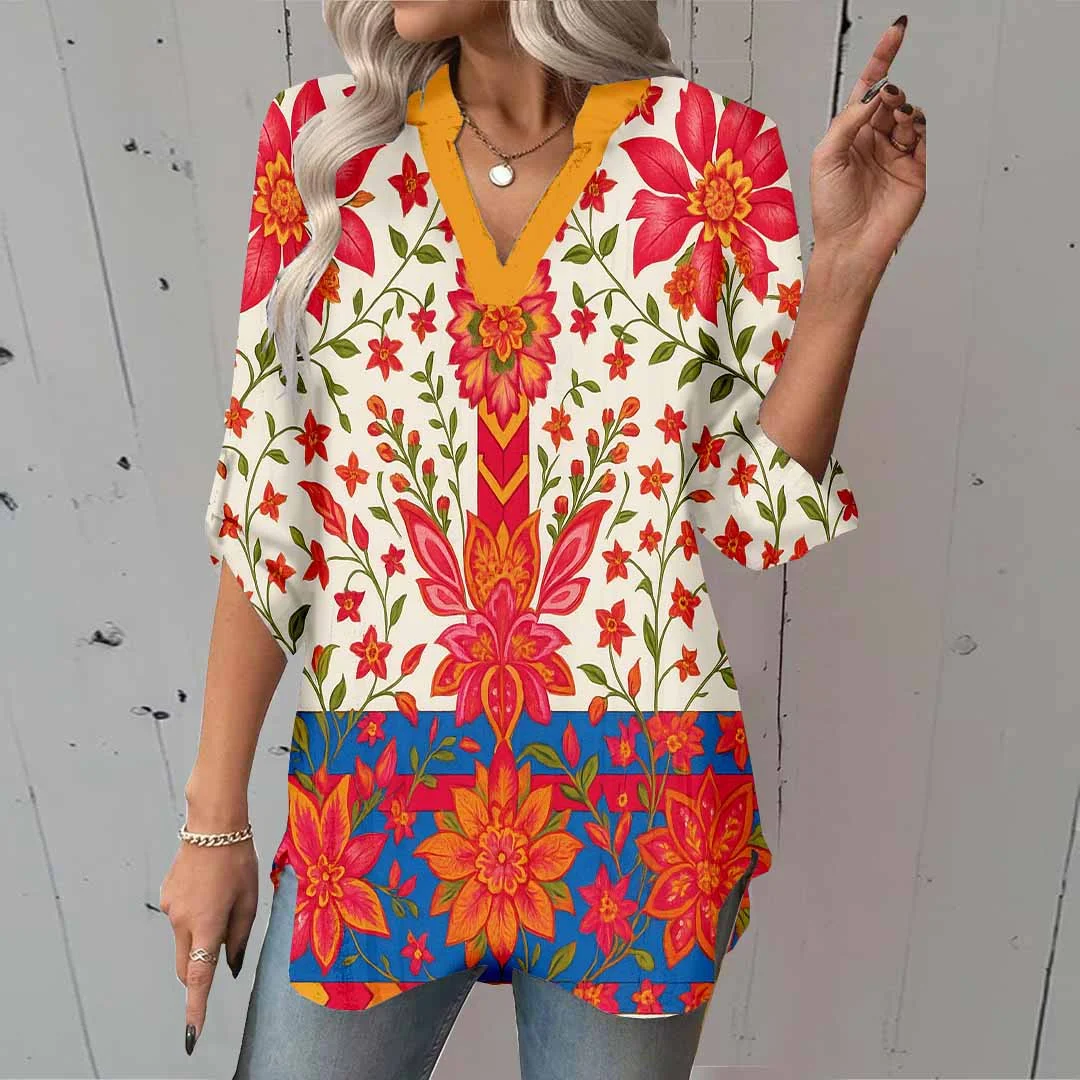 Women Tropical, Red, Blue DZGA0094 3/4 Sleeve V-neck Printed Graphic Button Tops