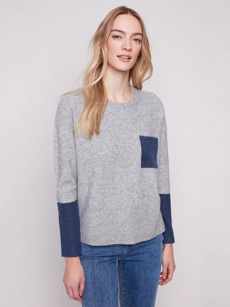 Crew Neck Sweater With Contrast Details - Heather Grey