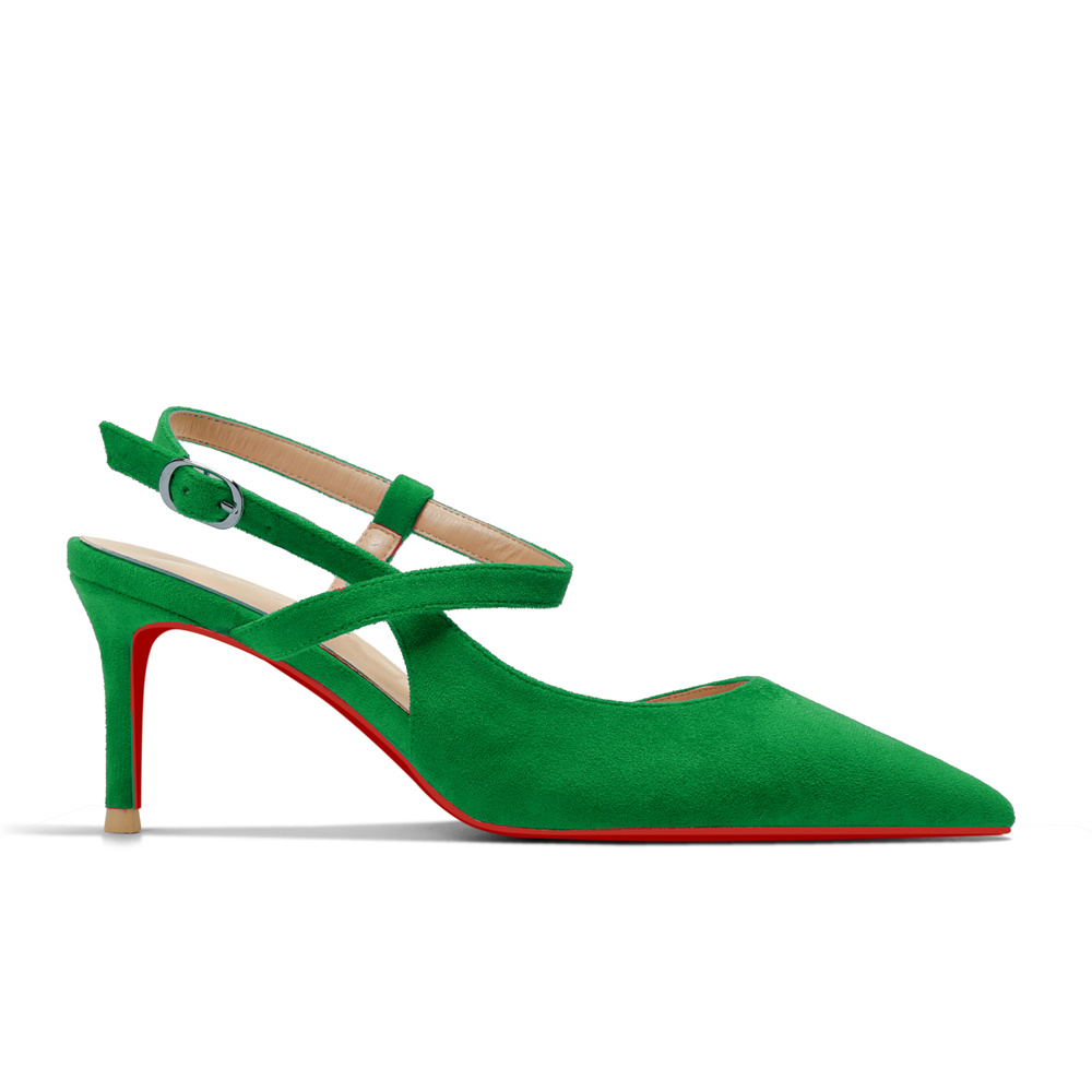 65mm Women Slingback Pumps Ankle Strap Red Bottom Stiletto Mid Heel Close Pointed Toe Daily Summer Suede Sandals-MERUMOTE