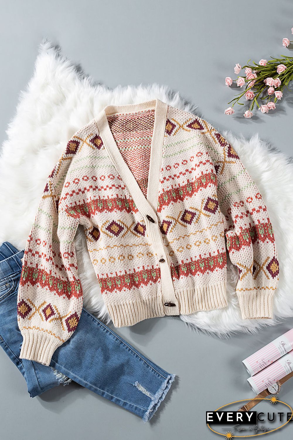 Multicolor Tribal Pattern V Neck Button Front Cardigan