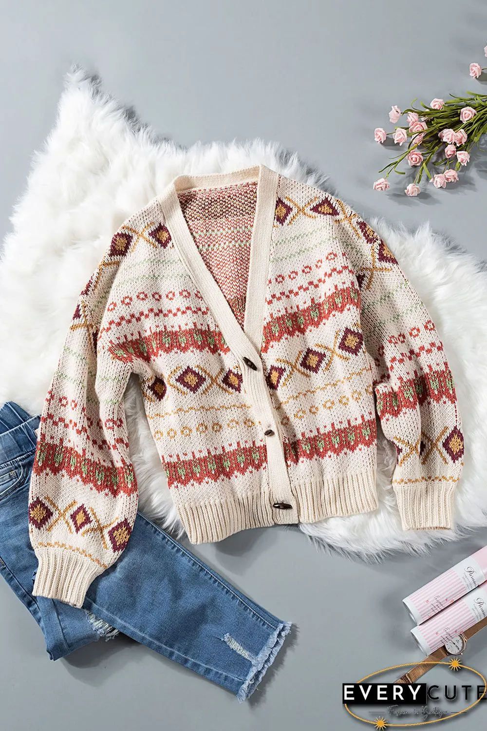 Multicolor Tribal Pattern V Neck Button Front Cardigan