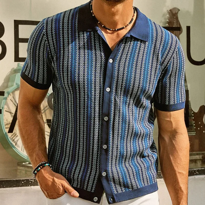 Men's Blue Contrast Striped Lapel Single-Breasted Short-Sleeved Sweater
