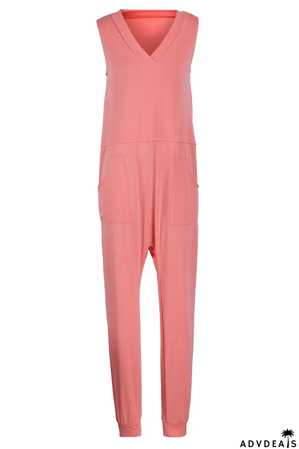 Rose Red Casual Solid Split Joint V Neck Straight Jumpsuits