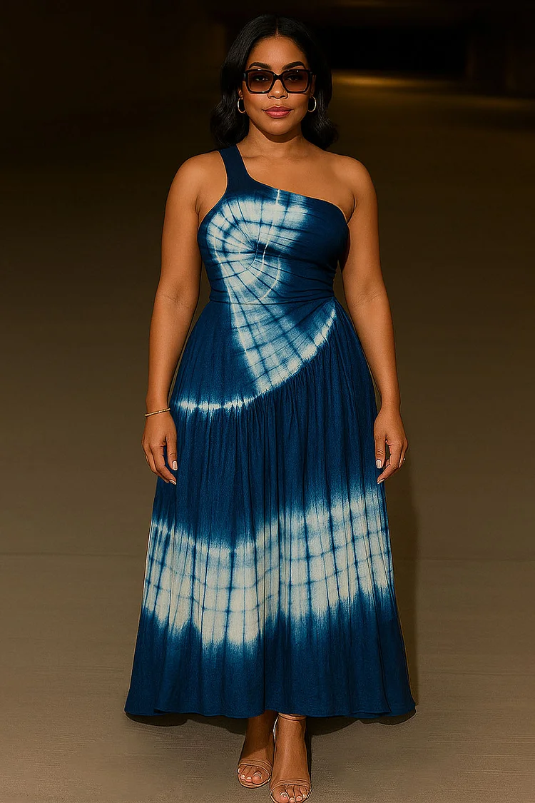 One Shoulder Sleeveless Tie Dye Print Vacation Maxi Dresses-Blue [Pre Order]