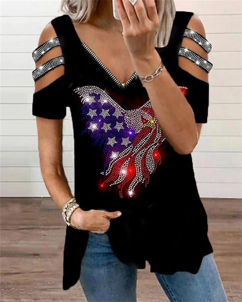 Casual American Flag Print Cutout T-Shirt