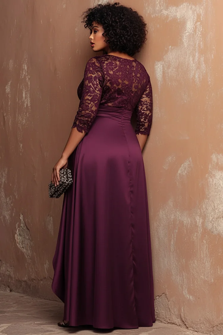 Xpluswear Design Plus Size Formal Purple Round Neck Half Sleeve Split Elegant See Through Lace Satin Maxi Dresses [Pre-Order]
