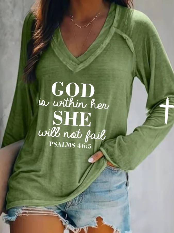 Women&#039;s God Is Within Her She Will Not Fail Print Casual V-Neck Long Sleeve T-Shirt