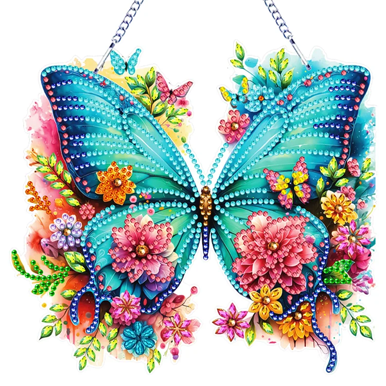 Acrylic Butterfly and Flowers Diamond Painting Hanging Pendant for Window Decor