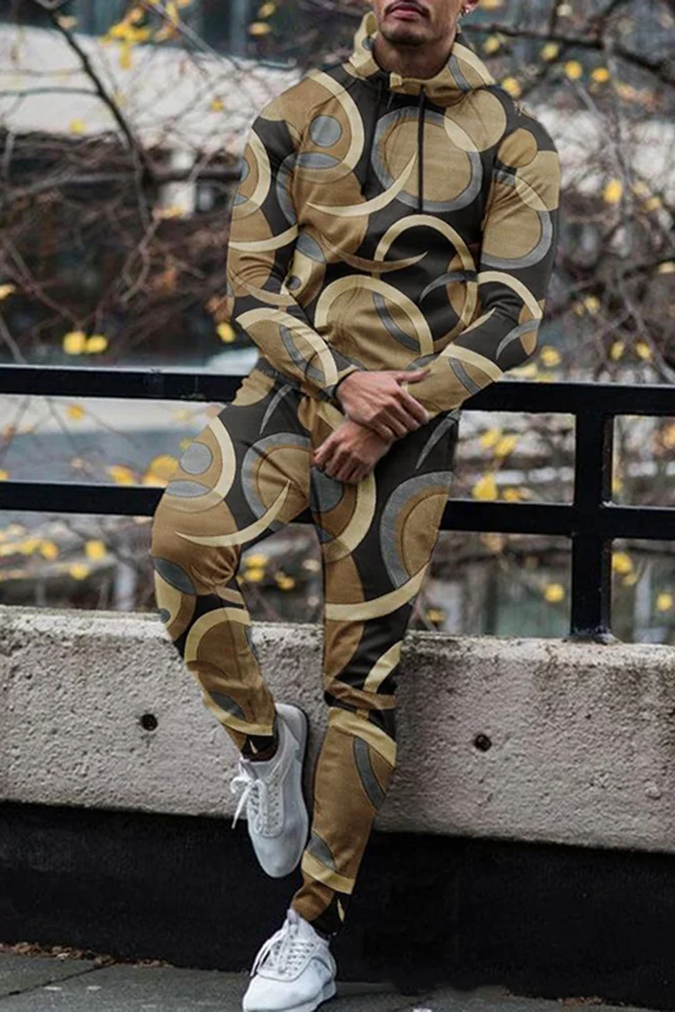 Khaki Geometry Print Tracksuit Two Piece Set