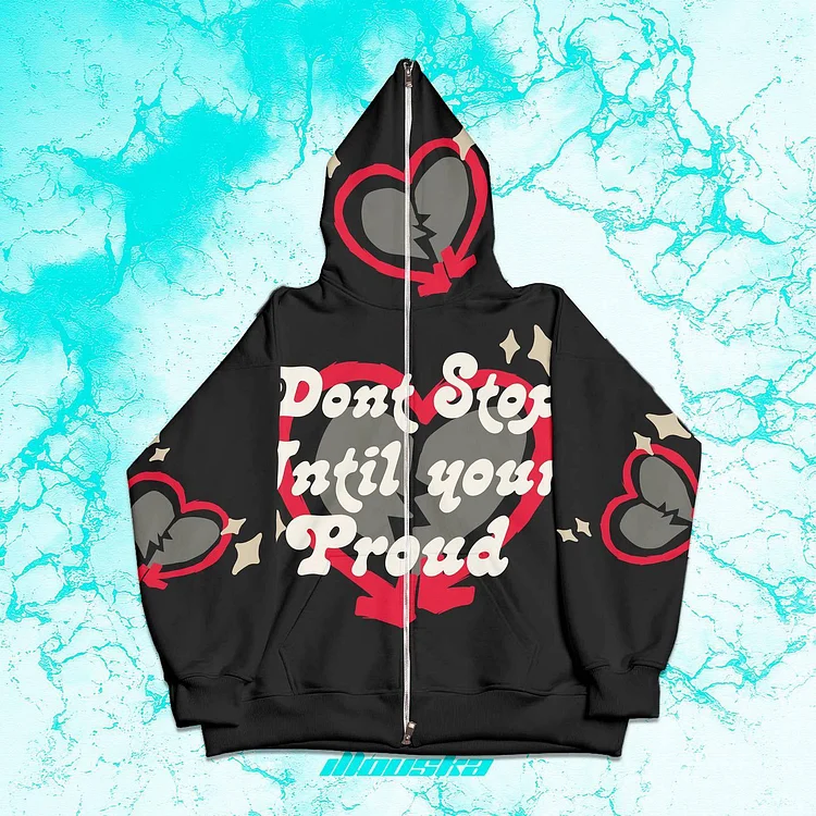 Y2K Gothic Alphabet Heart Print Full Zipper Hoodie at Hiphopee