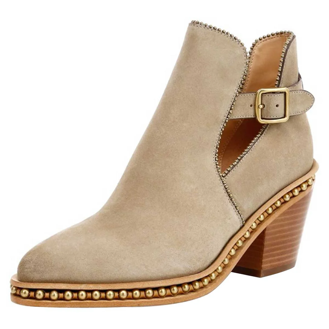 Beige Vegan Suede Studded Stacked Heel Buckle Short Boots for Women