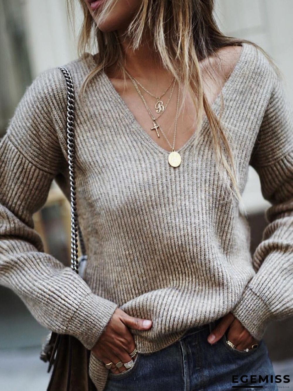 Apricot Knitted Long Sleeve plus size Sweater | EGEMISS